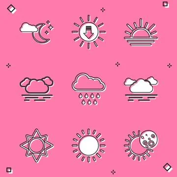 Set Cloud with moon and stars, Sunset, rain, and icon. Vector Illustrazione stock