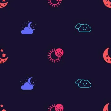 Set Cloud, with moon and stars, Eclipse of the sun and Moon on seamless patte Ilustração Stock