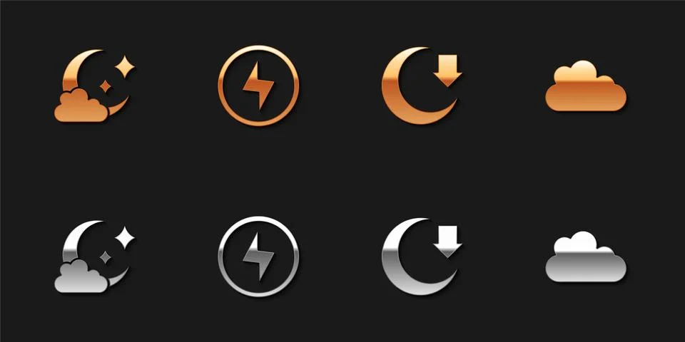 Set Cloud with moon, Lightning bolt, Moon and icon. Vector Illustrazione stock