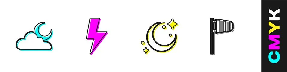 Set Cloud with moon, Lightning bolt, Moon and stars and Cone windsock wind vane Stock Illustration