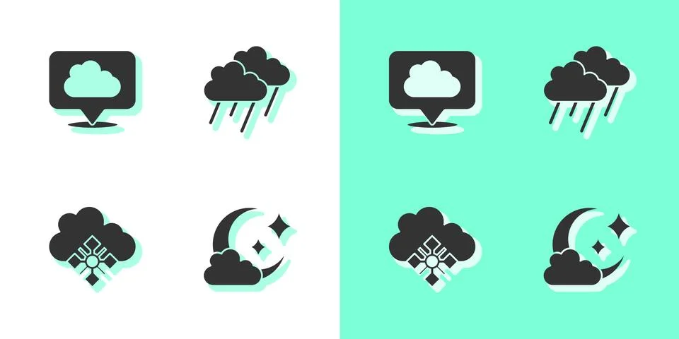 Set Cloud with moon, Location cloud, snow and rain icon. Vector Stock Illustration