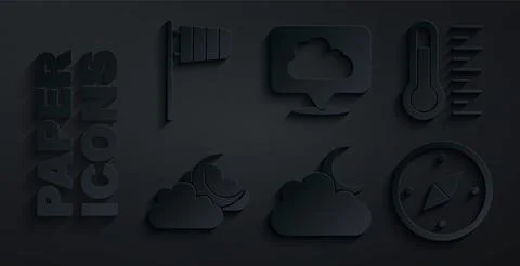 Set Cloud with moon, Meteorology thermometer, Compass, Location cloud and Cone Stock Illustration