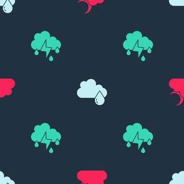Set Cloud with moon, rain and and lightning on seamless pattern. Vector Illustrazione stock
