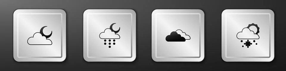 Set Cloud with moon, rain and, and snow sun icon. Silver square button. Vector Illustrazione stock