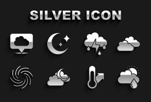 Set Cloud with moon, rain and sun, Meteorology thermometer, Tornado, lightning Stock Illustration