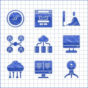 Set Cloud or online library, Online book monitor, Web camera, Computer screen Stock Illustration