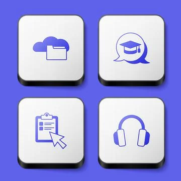 Set Cloud or online library, Graduation cap speech bubble, Online quiz, test Stock Illustration