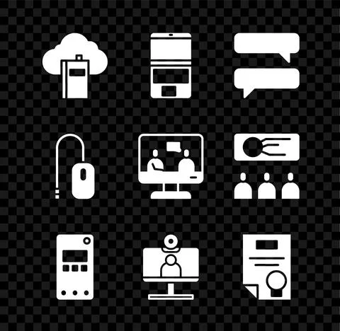 Set Cloud or online library, Laptop, Speech bubble chat, Mobile phone, Video Illustrazione stock