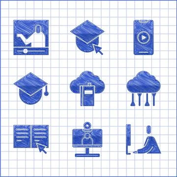 Set Cloud or online library, Video chat conference, Student working laptop Stock Illustration
