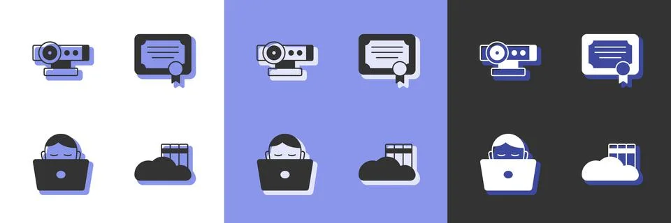 Set Cloud or online library, Web camera, Student working at laptop and Stock Illustration