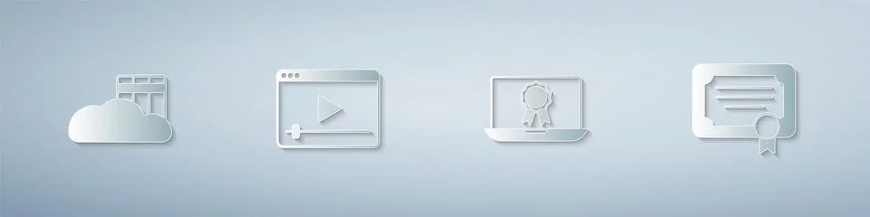 Set Cloud or online library, Online play video, education with diploma and Ce Illustrazione stock