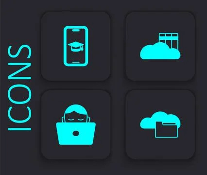 Set Cloud or online library, Graduation cap mobile, and Student working laptop Illustrazione stock