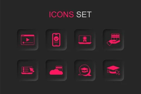 Set Cloud or online library, Online quiz, test, survey, play video, Graduat.. Illustrazione stock