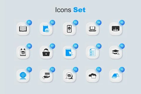 Set Cloud or online library, Student working at laptop, Audio book, Web cam.. Illustrazione stock