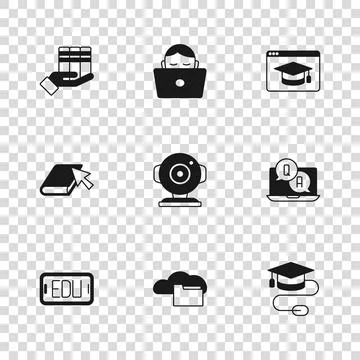 Set Cloud or online library, Question and Answer, Graduation cap with mouse.. Stock Illustration