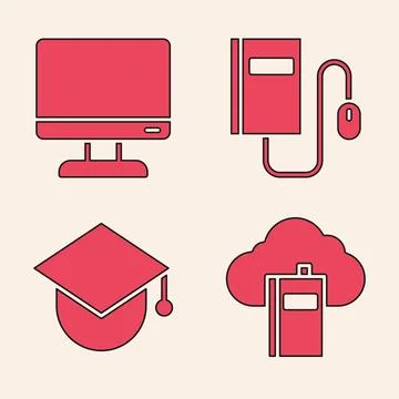 Set Cloud or online library, Computer monitor screen, Electronic book with mo Stockillustratie