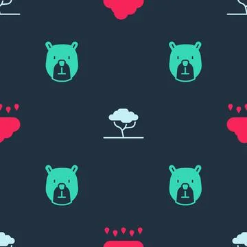 Set Cloud with rain, African tree and Bear head on seamless pattern. Vector Stock Illustration