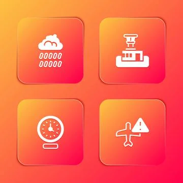 Set Cloud with rain, Airport control tower, Clock and Warning aircraft icon.  스톡 일러스트