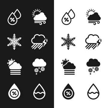 Set Cloud with rain and lightning, Snowflake, Water drop percentage, Windy Stock Illustration