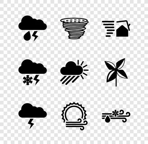 Set Cloud with rain and lightning, Tornado, swirl, Storm, Wind sun, snow, and Stock Illustration
