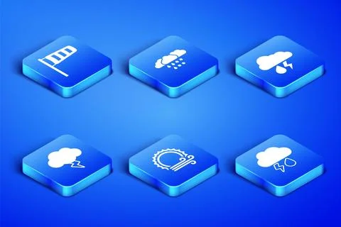 Set Cloud with rain and lightning, Cone meteorology windsock wind vane, Wind sun Stock Illustration