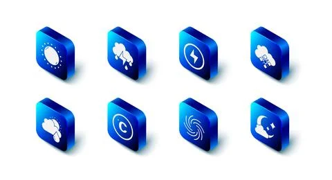 Set Cloud with rain and lightning, Lightning bolt, snow, moon, Tornado, Cel.. Stock Illustration