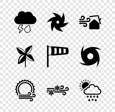 Set Cloud with rain and lightning, Tornado, swirl, Wind sun, snow, snow, ra.. Stock Illustration
