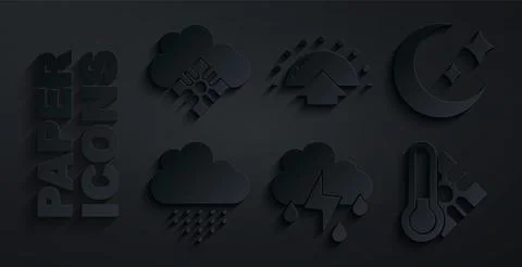 Set Cloud with rain and lightning, Moon stars, Meteorology thermometer, Sun.. Illustrazione stock