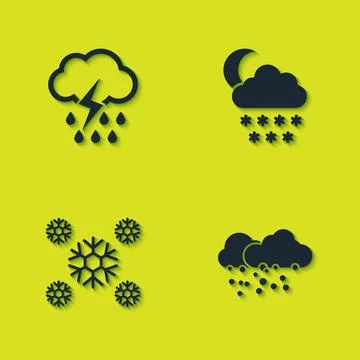 Set Cloud with rain and lightning, snow, Snow and moon icon. Vector Stock Illustration