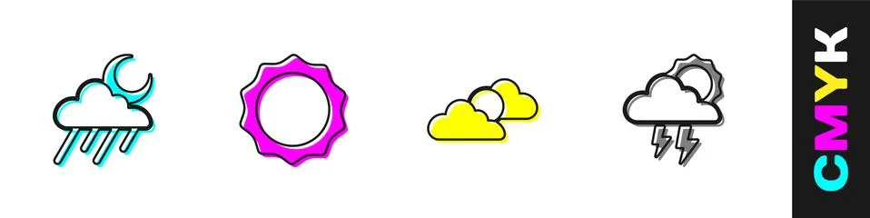 Set Cloud with rain and moon, Sun, cloud weather and Storm icon. Vector Illustrazione stock
