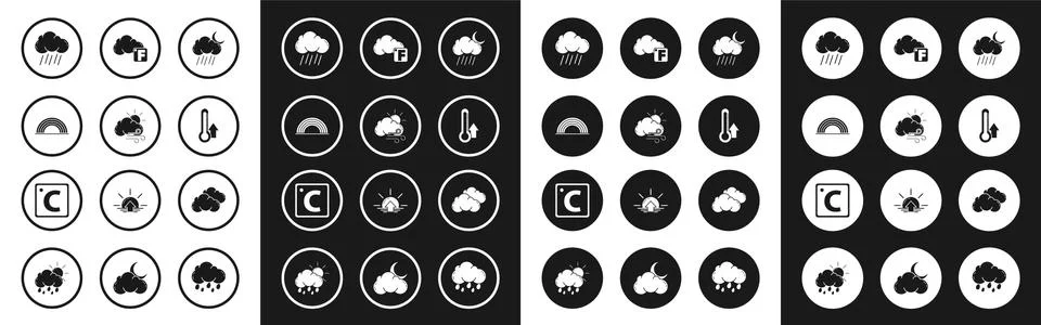 Set Cloud with rain and moon, Windy weather, Rainbow clouds, Thermometer Stock Illustration