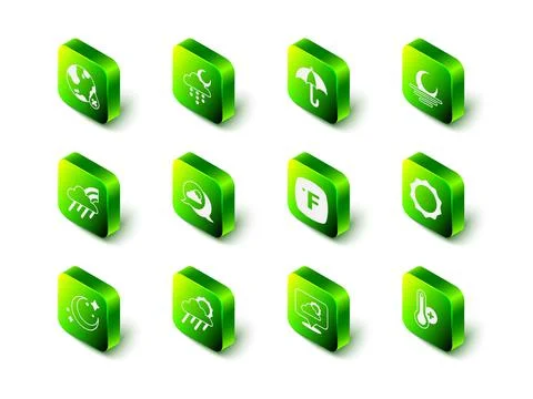 Set Cloud with rain and moon, Umbrella, Sunset, Meteorology thermometer, Fahr Stock Illustration