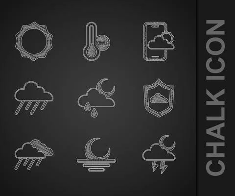 Set Cloud with rain and moon, Sunset, Storm, Weather forecast, and icon. Vector Illustrazione stock