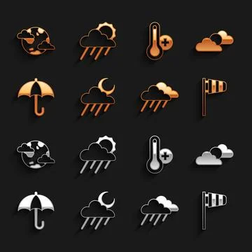 Set Cloud with rain and moon, Sun cloud weather, Cone windsock wind vane Ilustração Stock