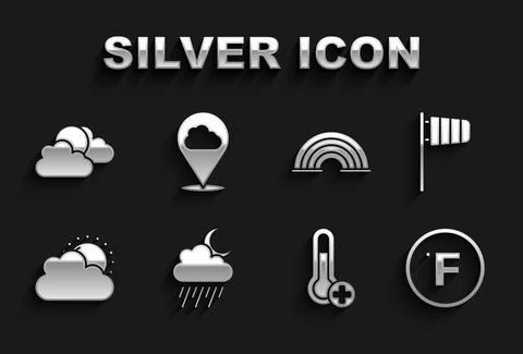 Set Cloud with rain and moon, Cone windsock wind vane, Fahrenheit, Meteorology Stock Illustration