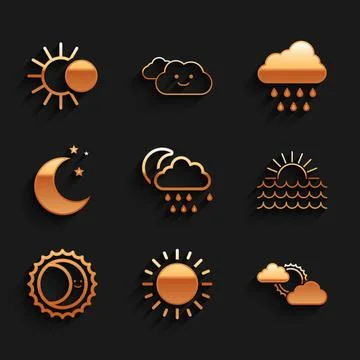 Set Cloud with rain and moon, Sun, cloud weather, Sunset, Eclipse of sun, Moon Ilustração Stock
