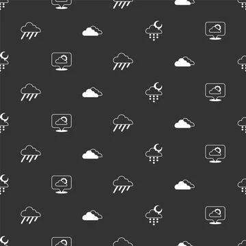 Set Cloud with rain and moon, Location cloud, and on seamless pattern. Vector Illustrazione stock