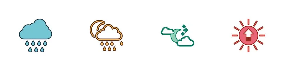 Set Cloud with rain, and moon, stars and Sunset icon. Vector Stock Illustration