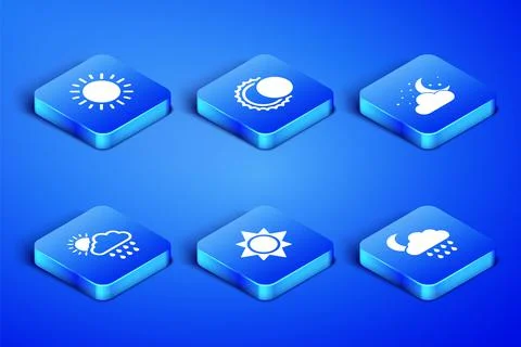 Set Cloud with rain and moon, Sun, sun, Eclipse of the and stars icon. Vector Ilustração Stock