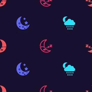 Set Cloud with rain and moon, Moon stars, icon and  on seamless pattern. Vect Illustrazione stock