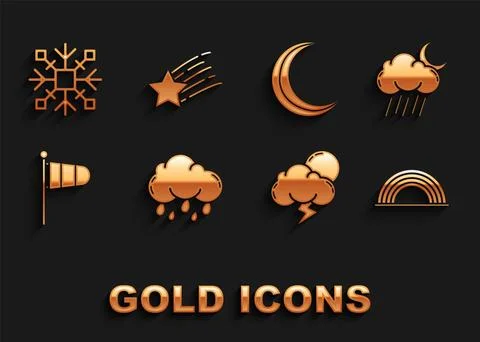 Set Cloud with rain, and moon, Rainbow clouds, Storm, Cone meteorology windsock Ilustração Stock