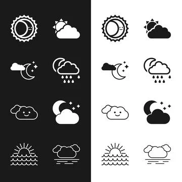 Set Cloud with rain and moon, stars, Eclipse of the sun, Sun cloud weather, and Ilustração Stock