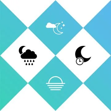 Set Cloud with rain and moon, Sunset, stars and Sleeping icon. Vector Illustrazione stock