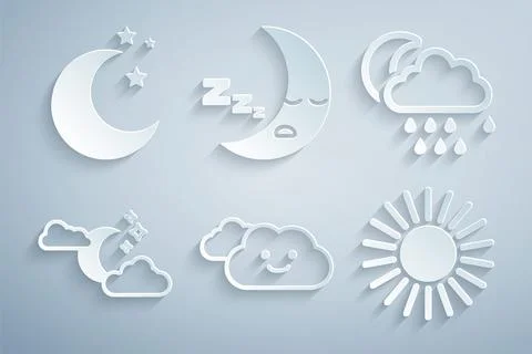 Set Cloud, with rain and moon, stars, Sun, Moon icon and  icon. Vector Ilustração Stock