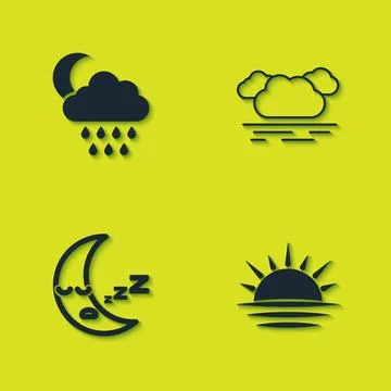 Set Cloud with rain and moon, Sunset, Moon icon and  icon. Vector イラスト素材