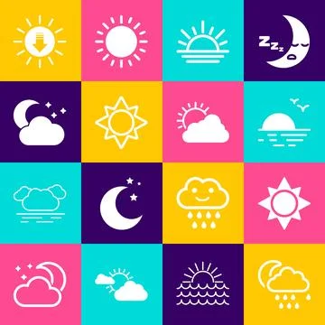 Set Cloud with rain and moon, Sun, Sunset, stars,  and cloud weather icon. .. Stock Illustration