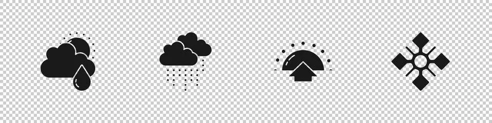 Set Cloud with rain and sun, , Sunrise and Snowflake icon. Vector Stock Illustration