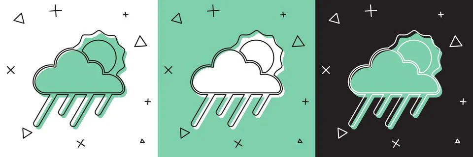 Set Cloud with rain and sun icon isolated on white and green, black background 스톡 일러스트