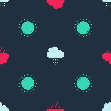 Set Cloud with rain, and Sun on seamless pattern. Vector Stock Illustration