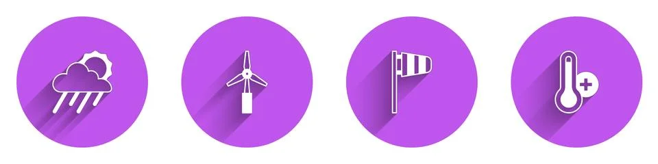 Set Cloud with rain and sun, Wind turbine, Cone windsock wind vane and Stock Illustration